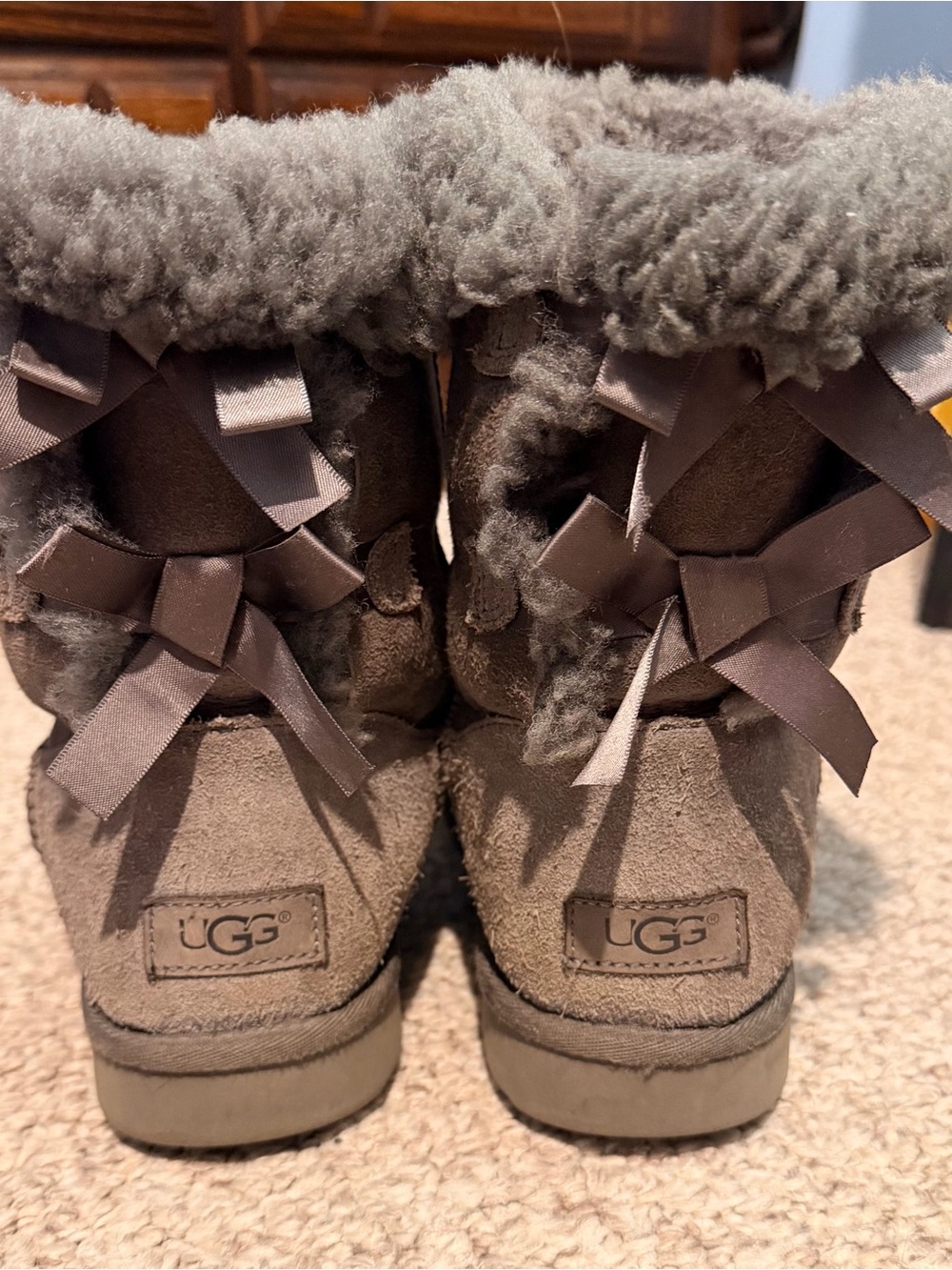 UGG Gray Suede Shearling Bailey Bow Boots